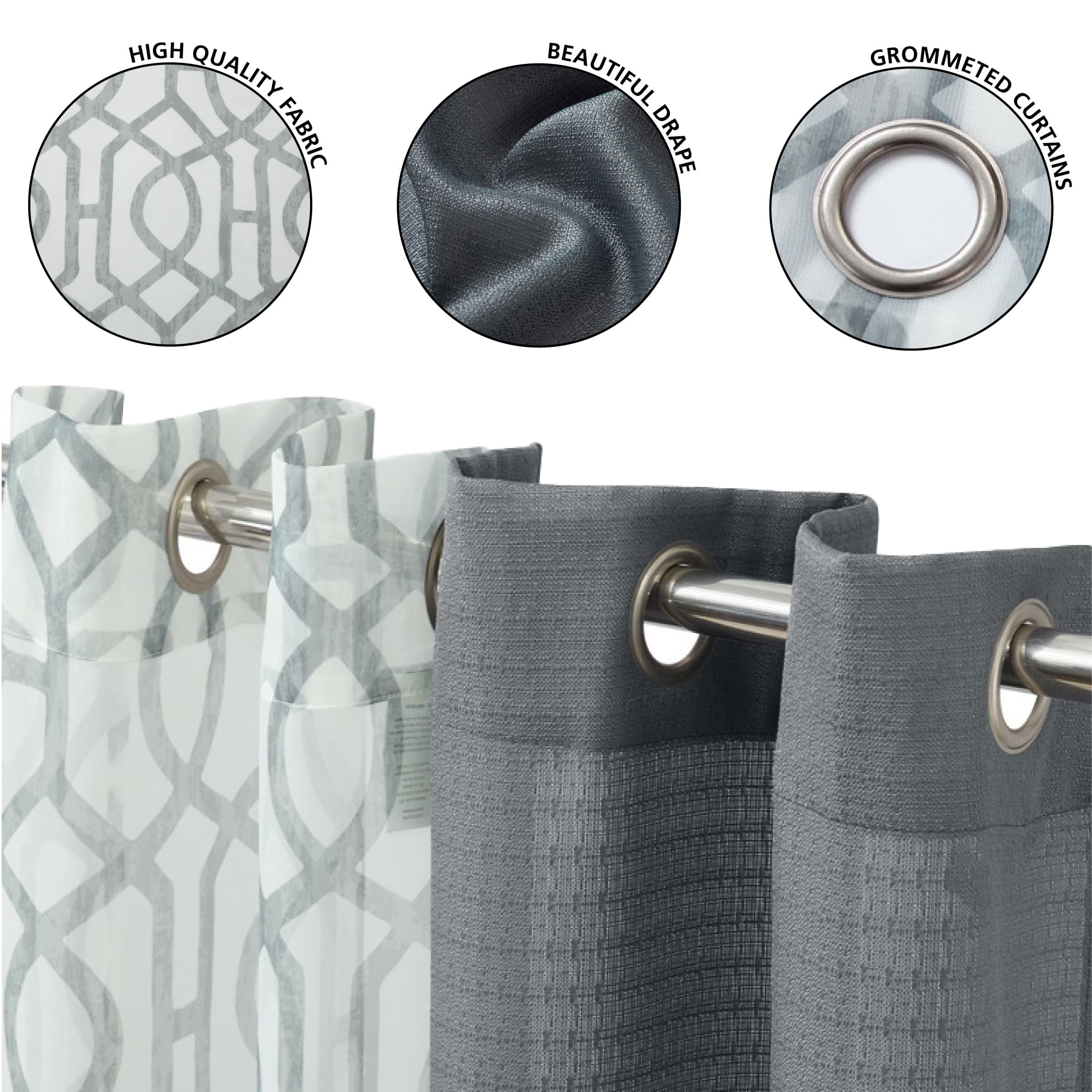Mainstays Kingswood Solid and Printed Sheer Grommet Curtain Panel Set, 4 Piece, Gray Flannel, 27.5" W x 63" L