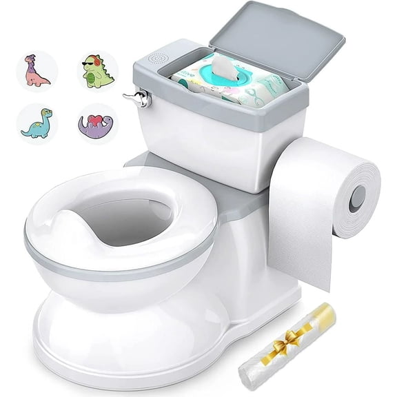 Babybond 2-in-1 Toddler Potty Training Toilet, with toilet paper holder and storage shelf, featuring flushing sound, suitable for 1-3 year old toddlers, white.