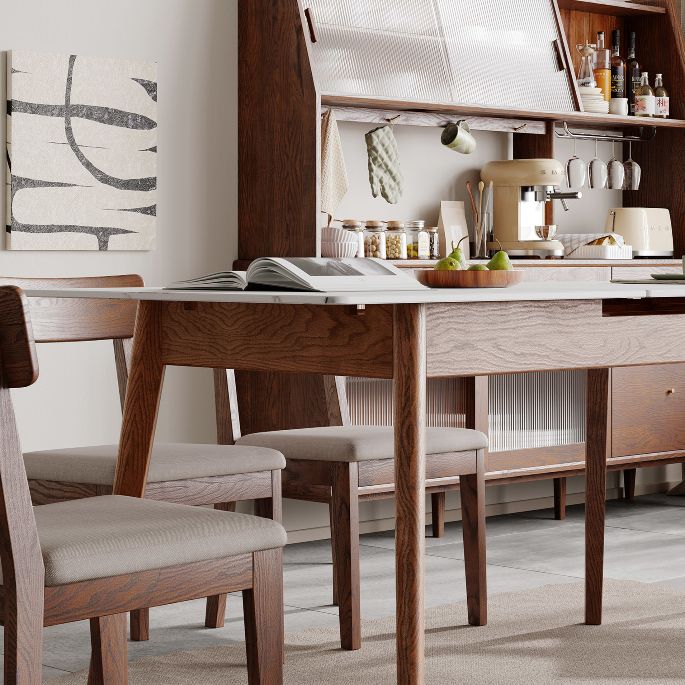 Walnut Solid Oak Dining Table with White Slate Top, Round Corner and Diagonal Legs, Telescopic Extendable 1.2-1.5m Table for 6-8 People, Adjustable Length, Walnut + White