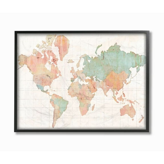 Stupell Industries Vintage World Map Green Pink Design Framed Giclee Texturized Art by Sue Schlabach