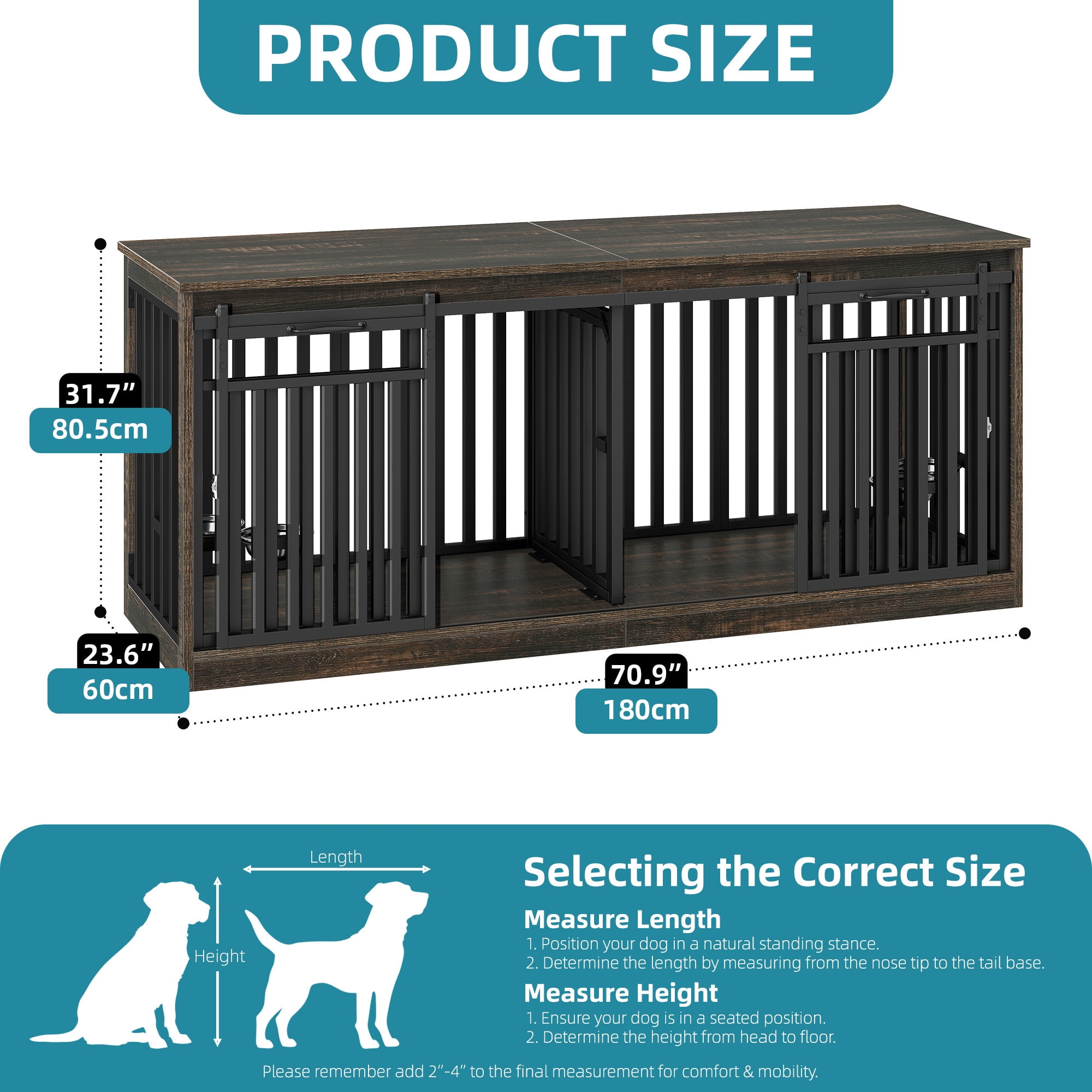 Uforic 71" Double Dog Crate Furniture, Heavy Duty Wood Dual Kennel TV Stand with Sliding Doors & Dog Bowls (Black)