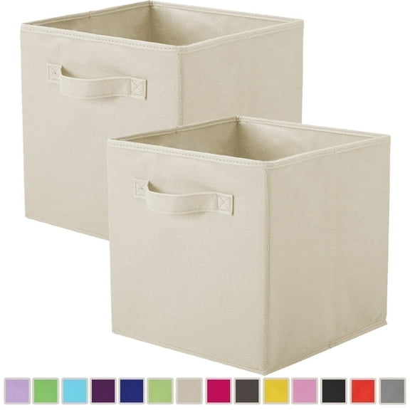 PinkSheep Collapsible Fabric Cube Storage Bins, 11" Cube Organizer Basket Bin, 2 Pack, Beige