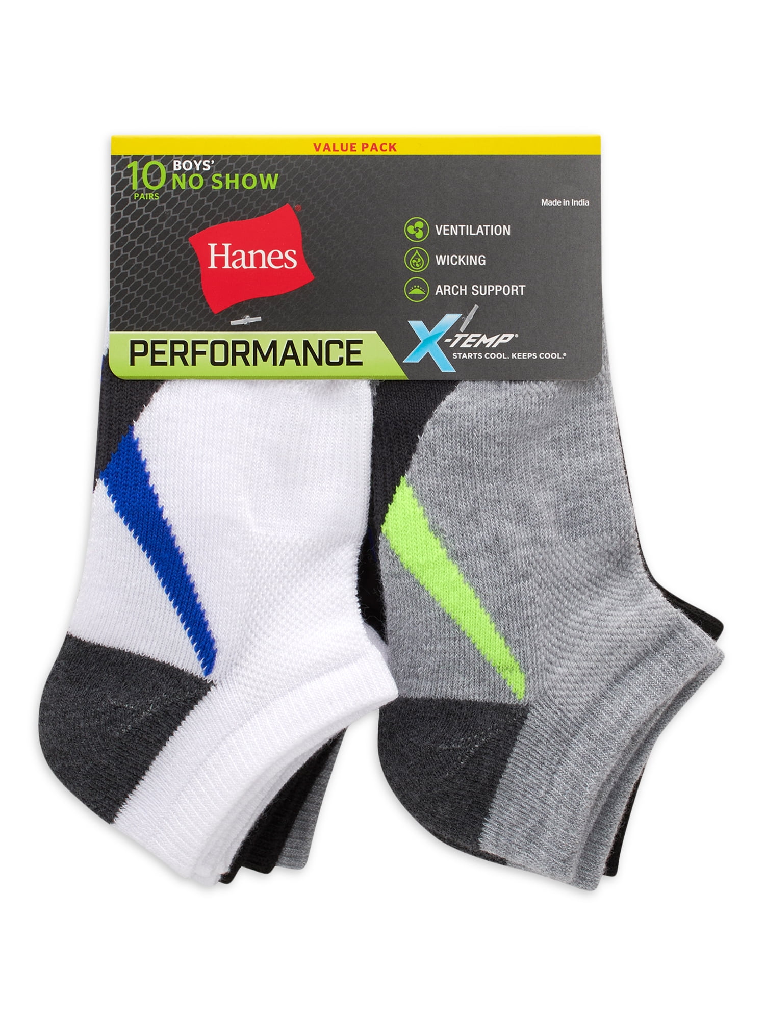 Hanes Boys' X-Temp Performance No Show Socks, 10 Pack