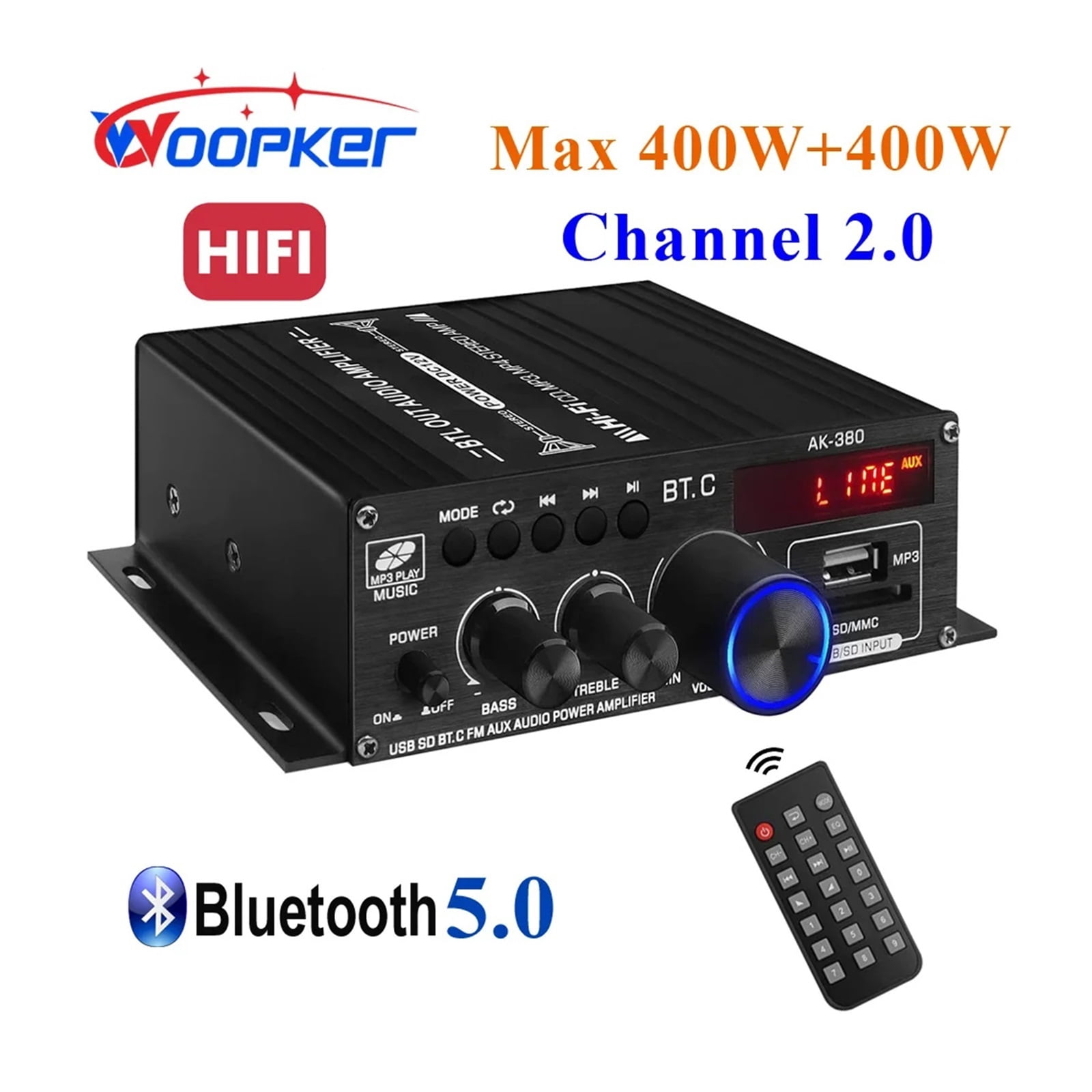 AK380 Digital Amplifier 800W Bluetooth Power AMP Hifi Bass FM Music Subwoofer Media Player Support USB AUX Input