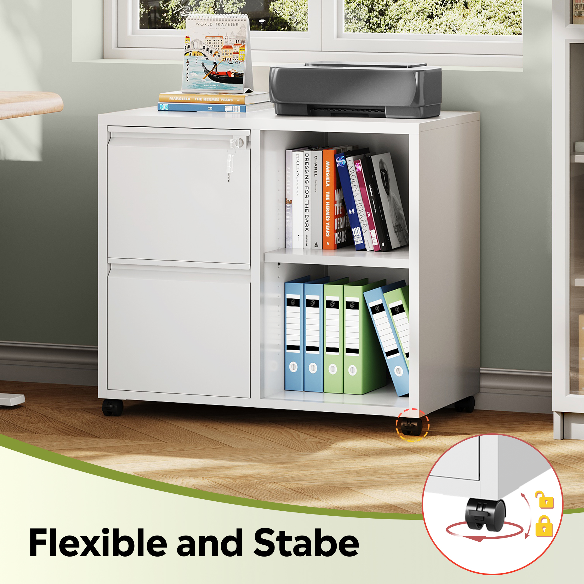 GALAXHERO 2 Drawer File Cabinet with Lock, Metal Filing Cabinet for Home Office, Rolling Printer Stand with Adjustable Shelf, Fit Letter/A4/Legal Size Files, White