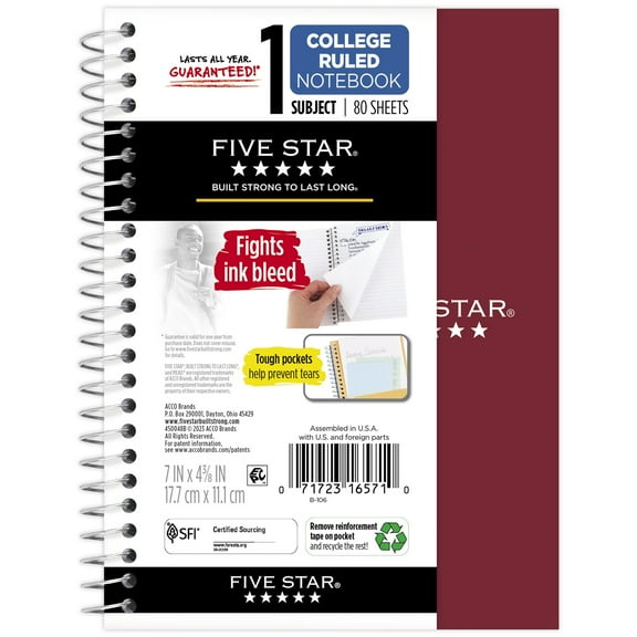Five Star Personal College Ruled Notebook, 4.5" x 7", Burgundy Red, Poly, Spiral, 80 Sheets
