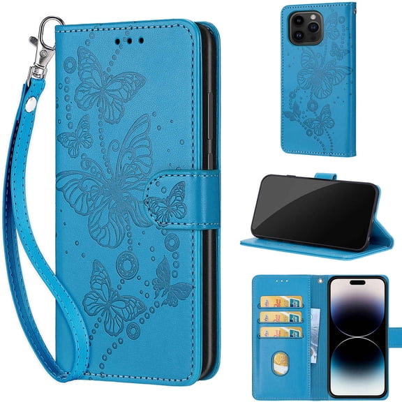 TECH CIRCLE For iPhone 13 Pro Wallet Case,Folio Flip Kickstand Shockproof Protective PU Leather Cover with Card Slot Cash Pocket Carrying Wrist Strap for Apple iPhone 13 Pro 6.1" 2021,Blue