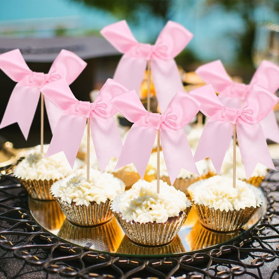 MEIBUTYUP Stylish Pink Polyester Bowknot Toppers for Cakes and Pastries 20Pcs