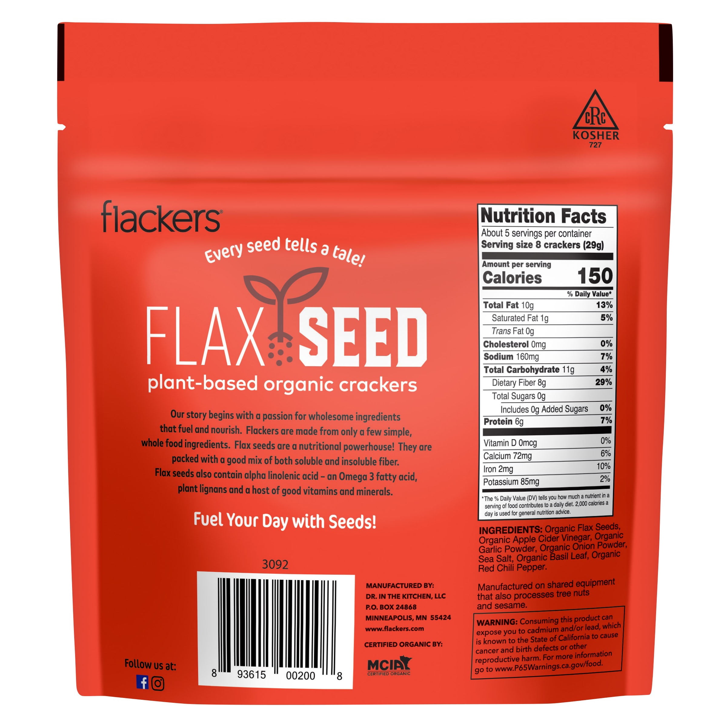 Flackers Organic Savory Flaxseed Crackers, Gluten Free, Non GMO, Vegan, Keto Snack, 5 Ounce / 6-Pack