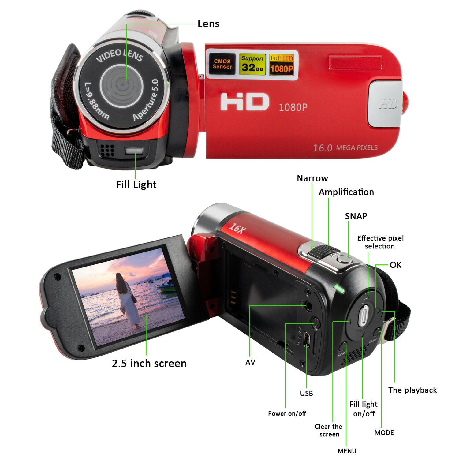 rot geeignet für Home-Party/Picknick im Freien/Camping Tosuny Camcorder Videokamera 1080P Full HD Digital Camcorder DV-Kamera Nachtsicht 16-Fach Zoom Vlogging-Kamera mit 270-Grad-Drehbildschirm 
