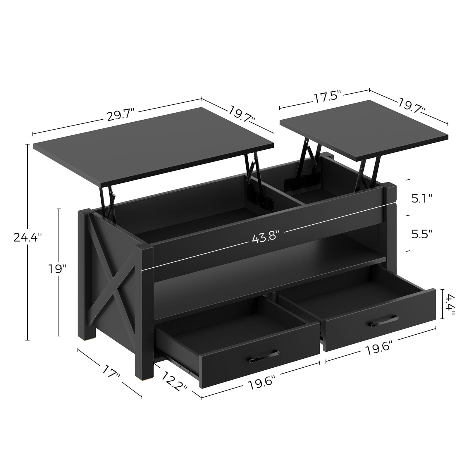 Greenstell Lift Top Coffee Table 47.2" with Storage Drawers and Hidden Compartment,Black