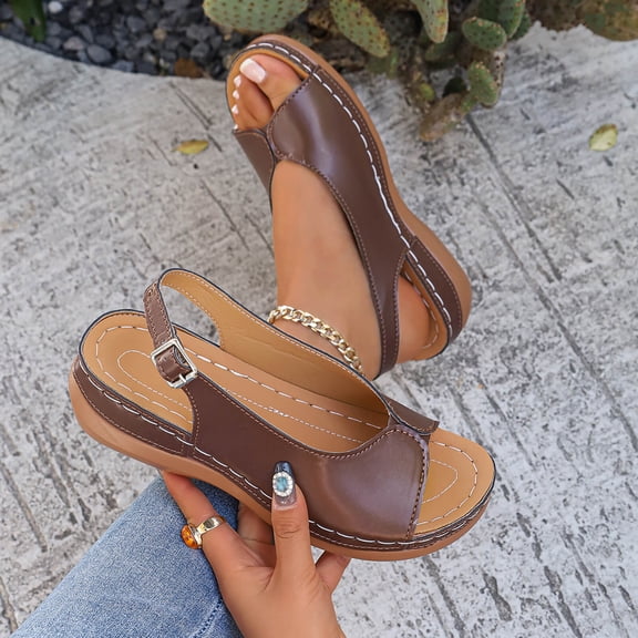 Ladies Ankle Strap Sandals, Casual And Comfortable Solid Color Thick Sole Exposed Toe One Foot Set Toe Fish Mouth Wedge Sandals