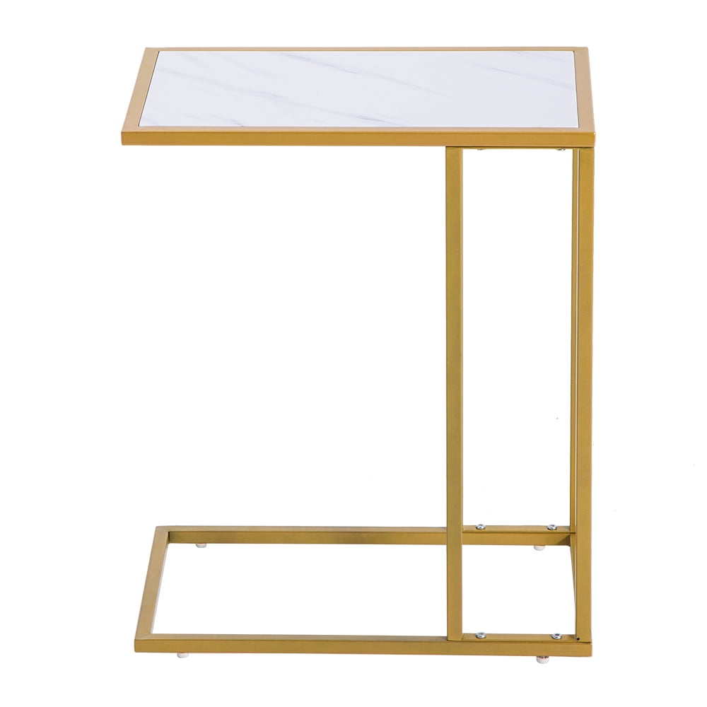 Modern C-Shaped Side Table White Marble Pattern Top Gold Metal Legs Slim Sofa End Table for Small Spaces Living Room Bedroom Apartment
