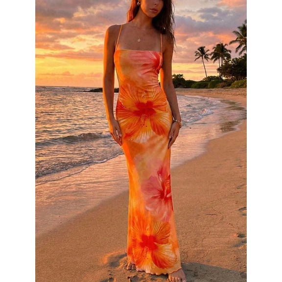 Orange Hawaiian Floral Print Backless Maxi Dress For Women, Summer Beach Resort Wear