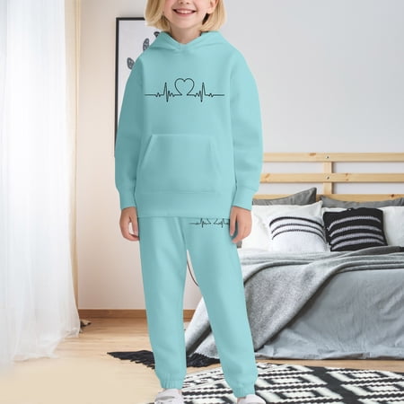 GiLiling Kids 2 Piece Sweatsuit Heart Beat Print Hoodie Sweatshirt and Jogger Pants Casual Daily Comfort Wear (Mint Green 11-12 Years)
