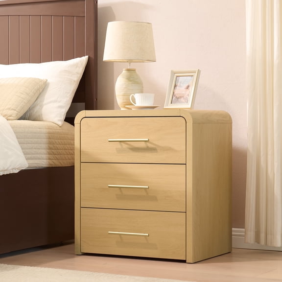 Fatmok Nightstand with 3 Drawers, Modern Wood Bedside Table with Thickened Curved Design & Metal Handles, Large Storage End Table for Bedroom, Living Room, or Home Office, Natural Wood