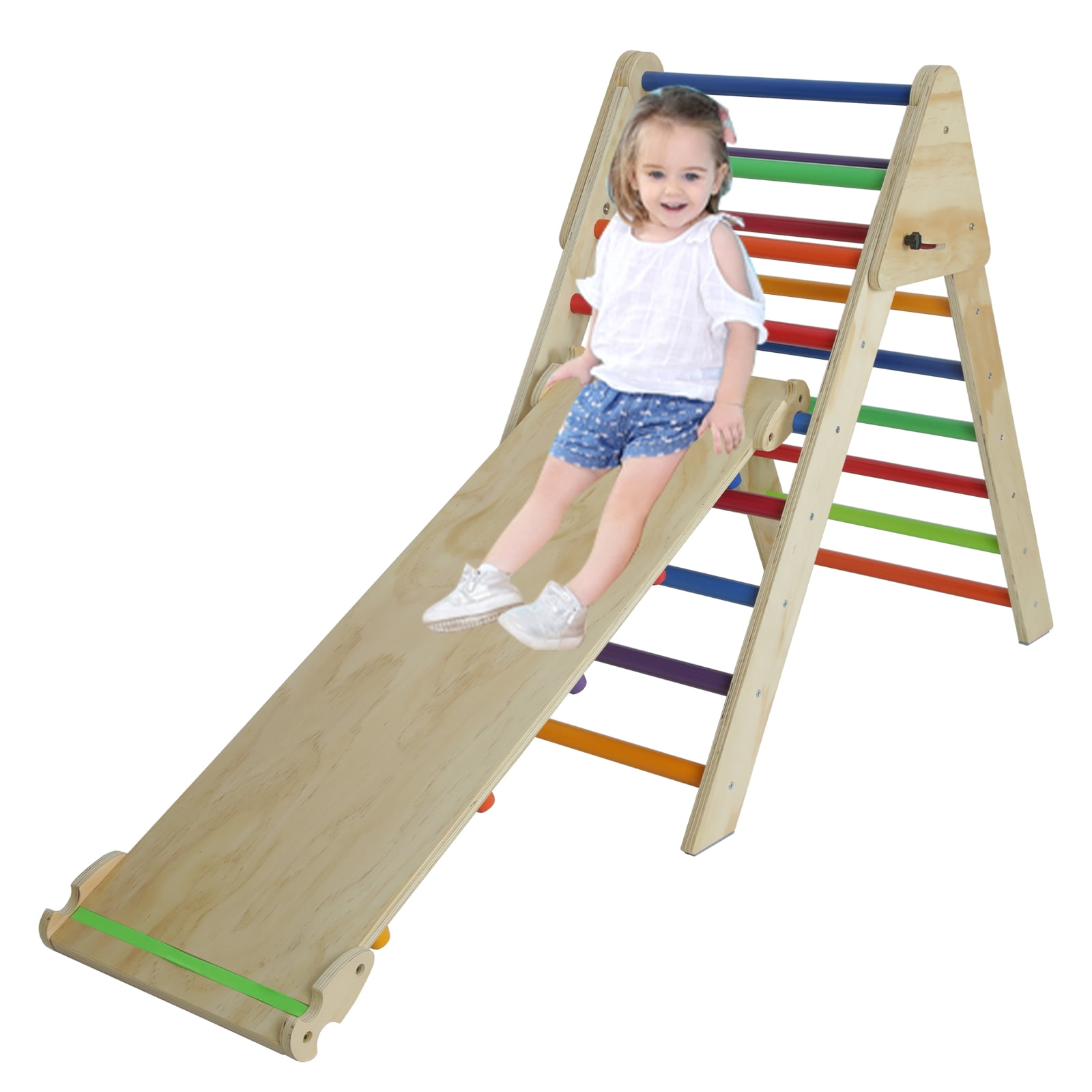 Multicolor Pikler Triangle with Ramp & Slide, Foldable 2-in-1 Wooden Climbing Ladder, Montessori Play Gym for Toddlers Kids 1-7