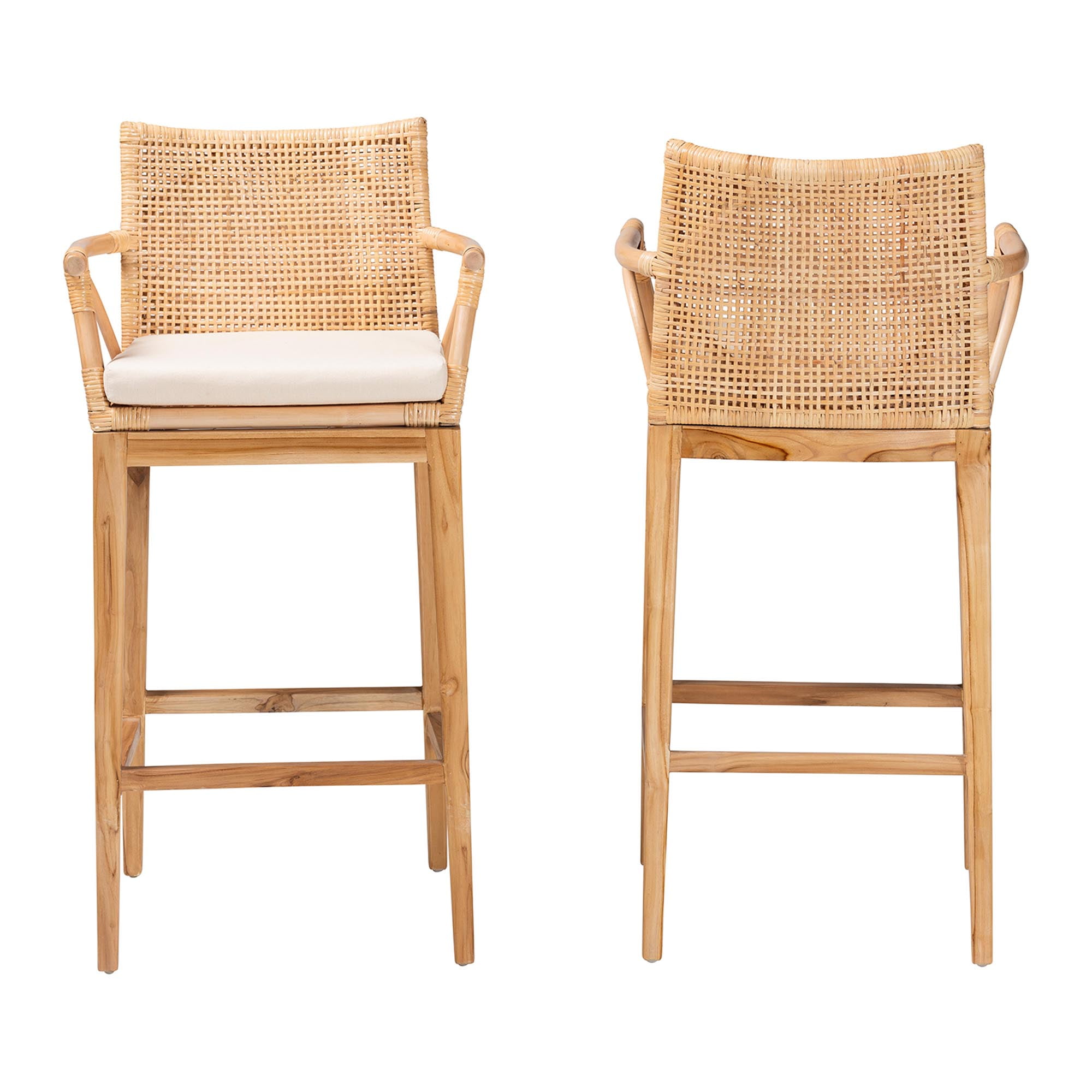 bali & pari Storsel Bohemian Natural Rattan and Teak Wood 2-Piece Bar Stool Set