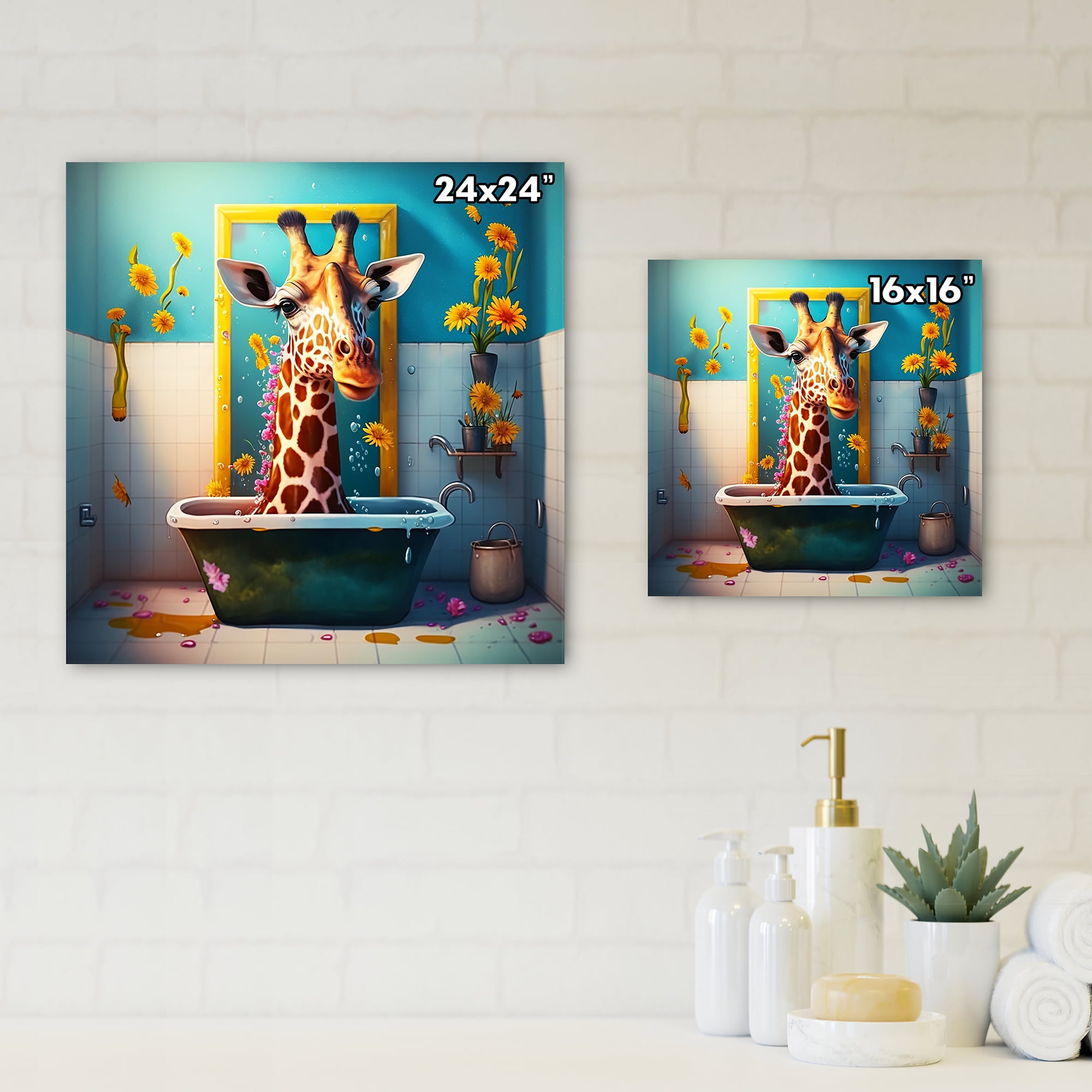 Designart Giraffe Caricature Splashing Around In A Flower Bath I Canvas Wall Art