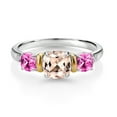 thumbnail image 2 of Gem Stone King 1.53 Ct Peach Morganite Pink Created Sapphire 925 Silver and 10K Yellow Gold Diamond 3-Stone Ring (Size 9), 2 of 3
