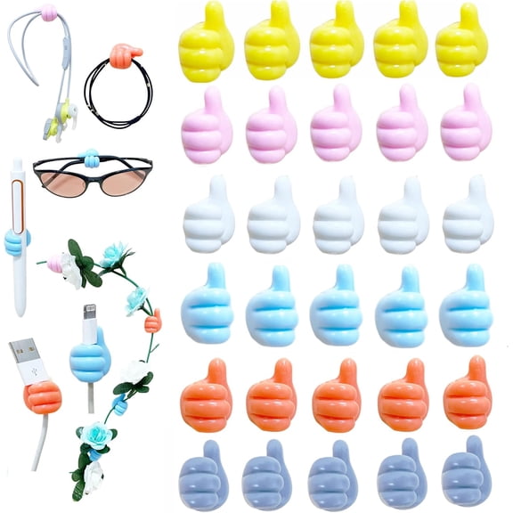 Minzimin Silicone Thumb Hooks, 30pcs Self Adhesive Wall Hooks, Multifunctional Cord Holder for Desk, Data Cable Clip Wire Desk Organizer