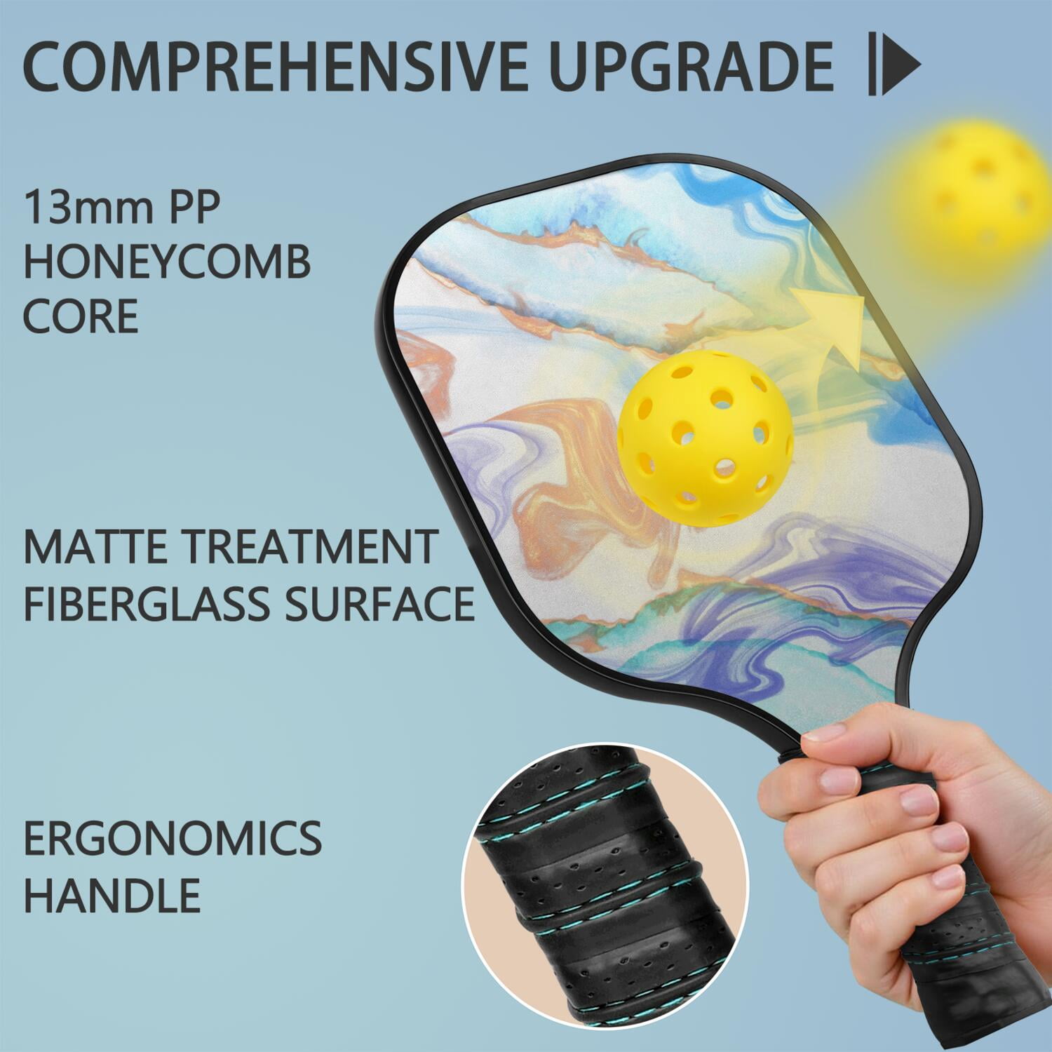 Pickleball Paddles Set Of 2, Fiberglass Surface, Turquoise Marble Pattern, 4 Balls & Bag