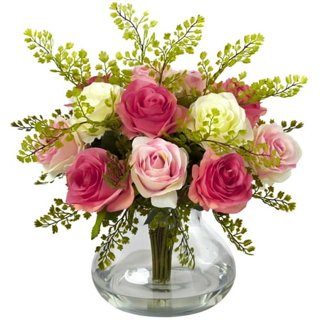 - Nearly Natural Rose & Maiden Hair Floral Arrangement with Vase