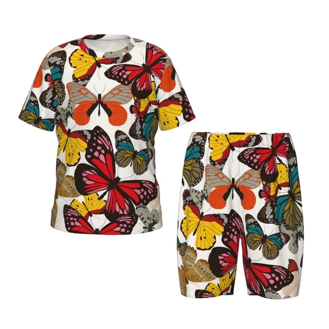 Fotbe Retro Floral Butterfly Pijama Estampada de 2 Piezas para Niños – Ropa de Dormir de Manga Corta Cómoda para Niños y Niñas, Camiseta y Shorts de Algodón-X-Large