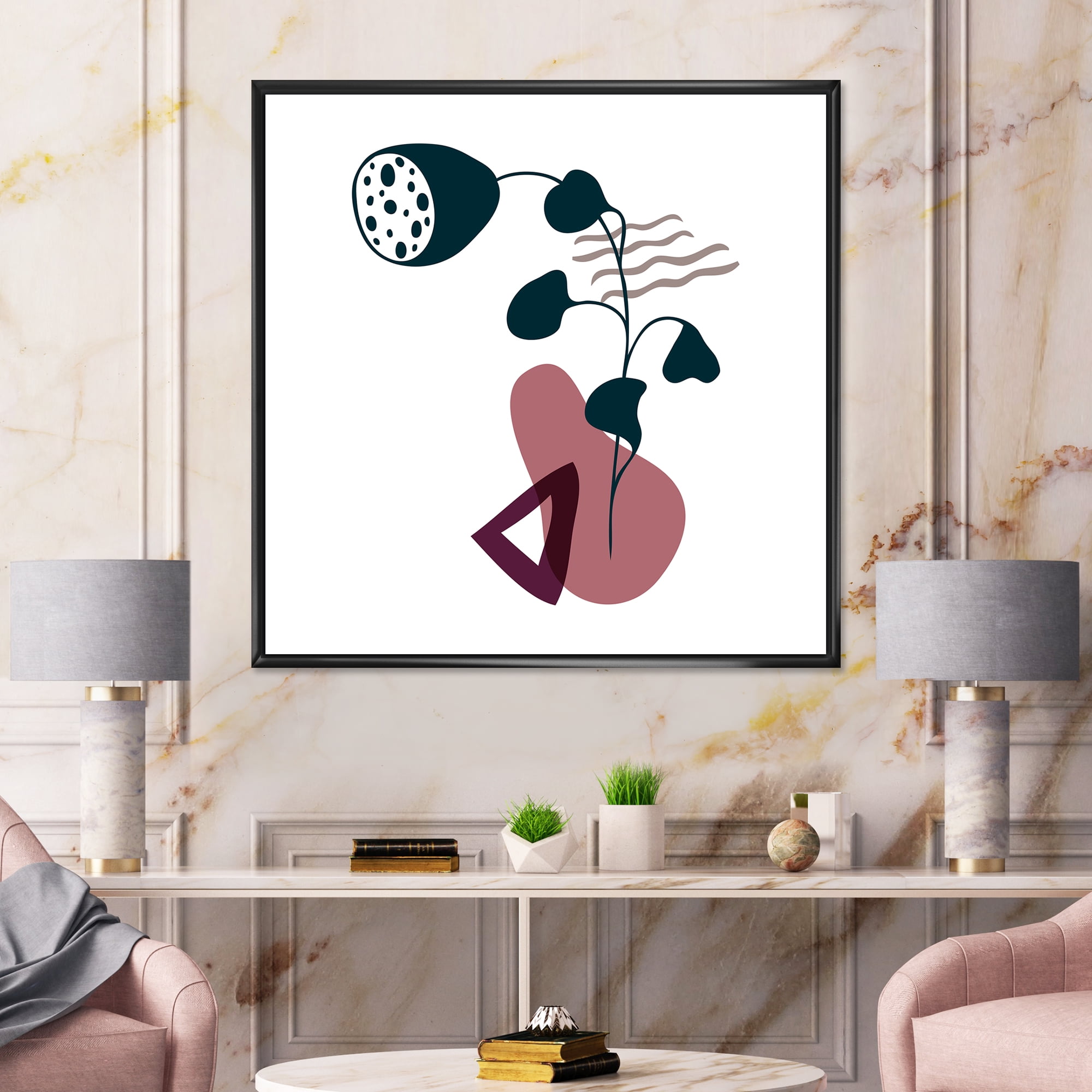 Designart 'Abstract Flowers Plants With Elementary Shapes V' Modern Framed Canvas Wall Art Print