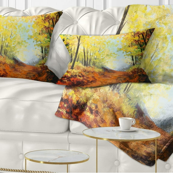 Designart Autumn Forest Pathway - Landscape Printed Throw Pillow - 12x20