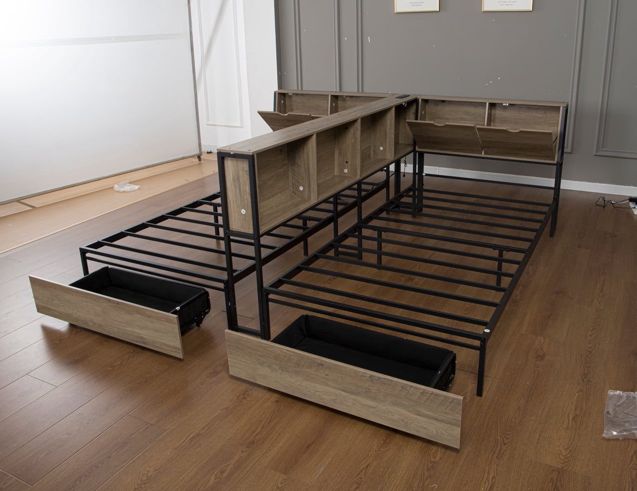 2 x Twin Size Metal Platform Bed Frame with Storage Headboard, Detachable Daybed with LED Lights, Drawers and Side Shelves