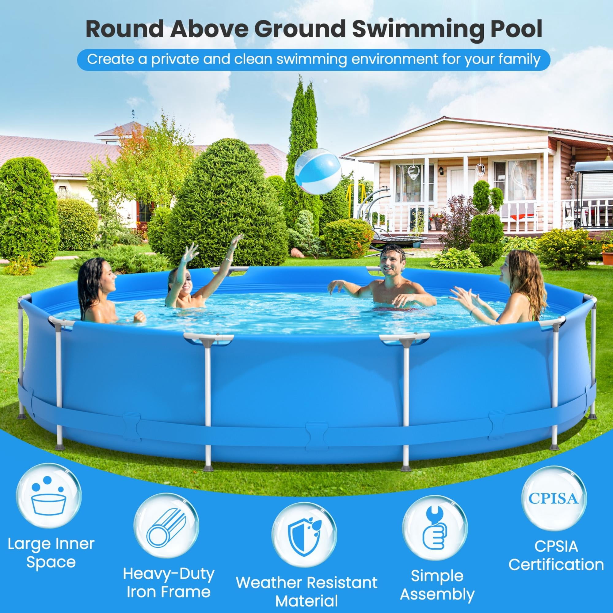 11.8 ft Round Above Ground Swimming Pool with Pool Cover, 3 Layer PVC Sidewall Metal Frame Pool for Backyard, Outdoor Family Pool for 3-4 People, Blue