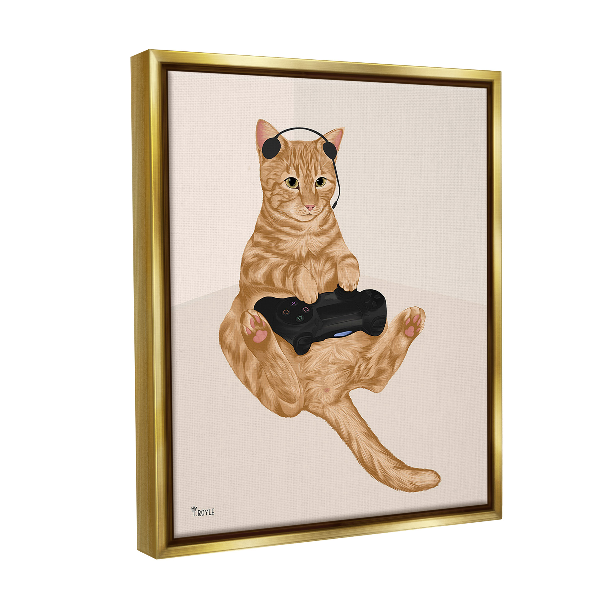 Stupell Industries Gamer Tabby Cat Animals & Insects Painting Gold Floater Framed Canvas Art Print Wall Art, 17 x 21
