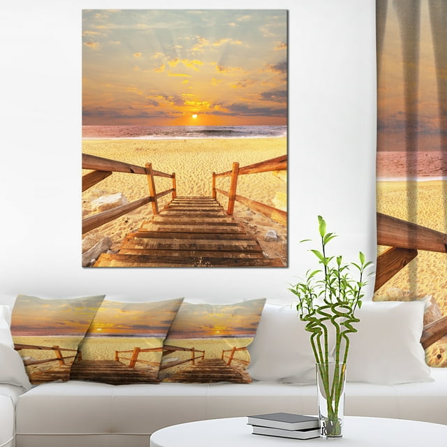 Brown Wooden Boardwalk into Beach - Bridge Canvas Art Print