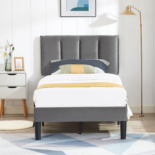 VECELO Twin/Full/Queen Upholstered Bed Frame with Adjustable Headboard, No Box Spring Needed/Easy Assembly, Dark Gray
