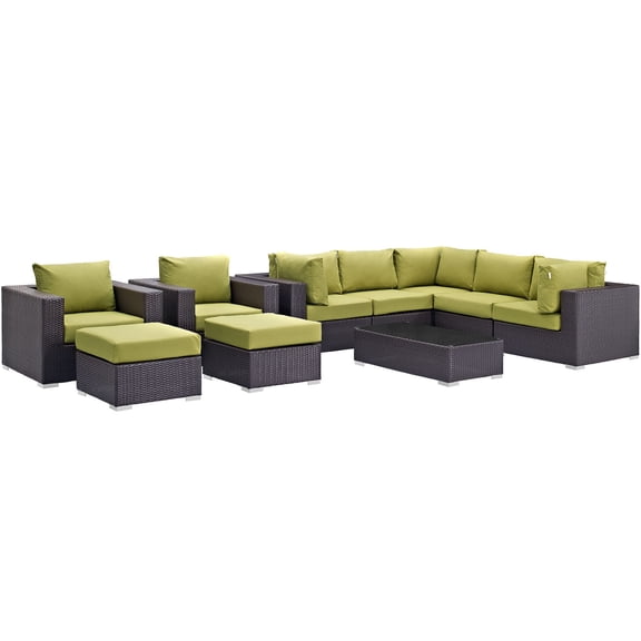 Modern Contemporary Urban Design Outdoor Patio Balcony Ten PCS Sectional Sofa Set, Green, Rattan