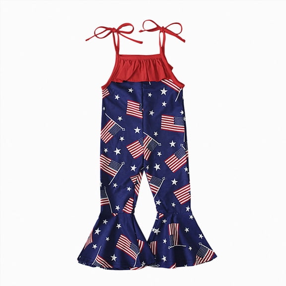 Splozh Baby Girls 4th of July Outfit American Flag Overalls Jumpsuit Flare Romper USA Fourth of July Kid Clothes,Dark Blue,6 Months