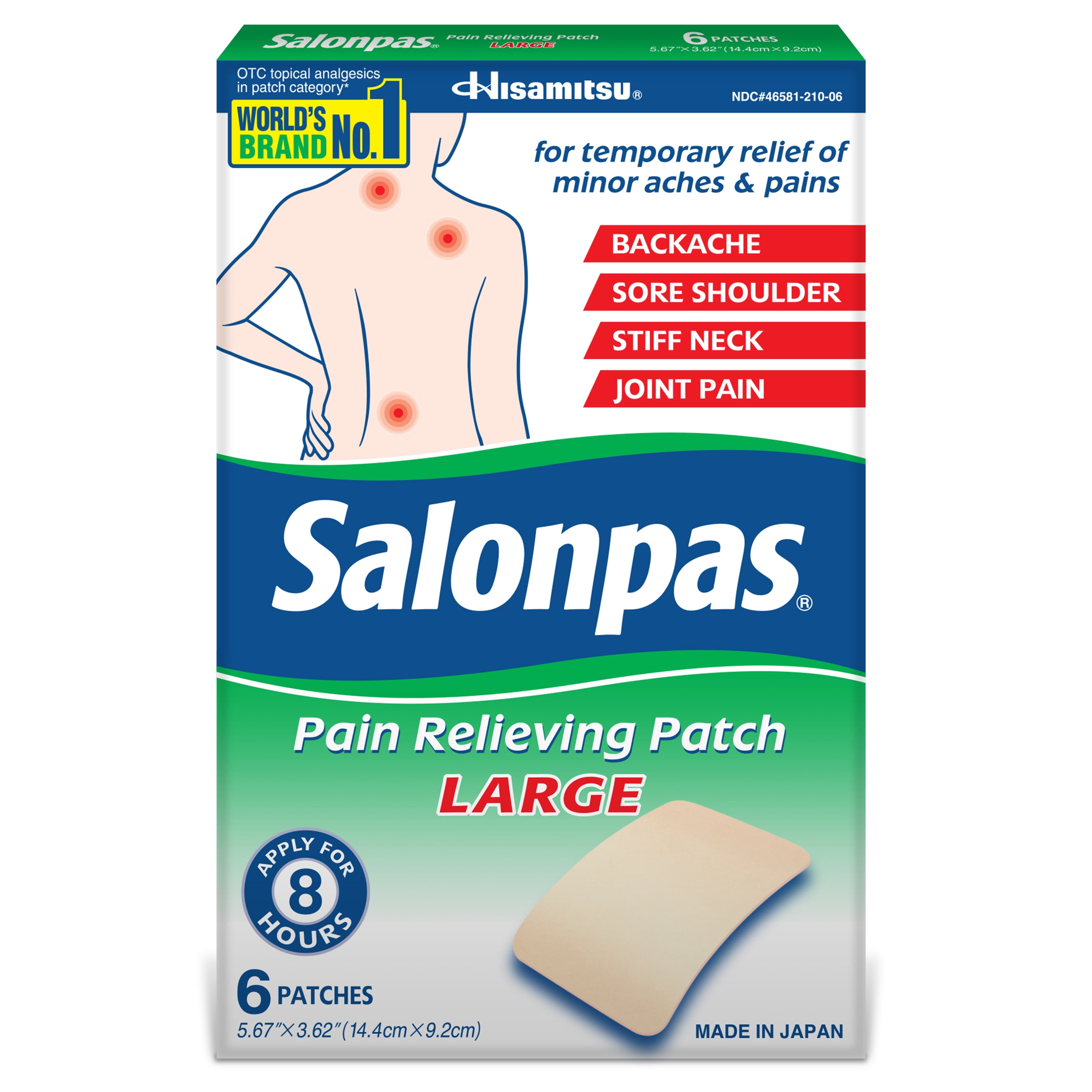 Salonpas Pain Relieving Patch, 8-Hour Pain Relief, 6 Large Patches