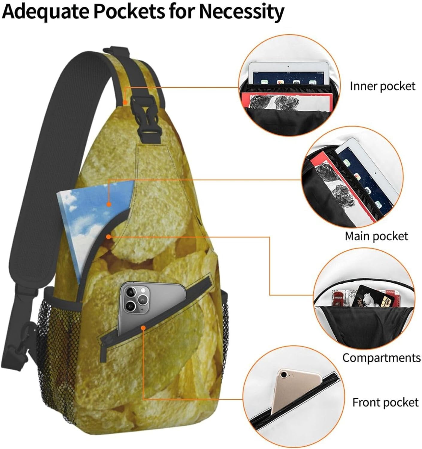 Potato Chips Snack Pattern Sling Bag Crossbody Hiking Travel Chest Bags Backpack Shoulder Daypack for Women Men