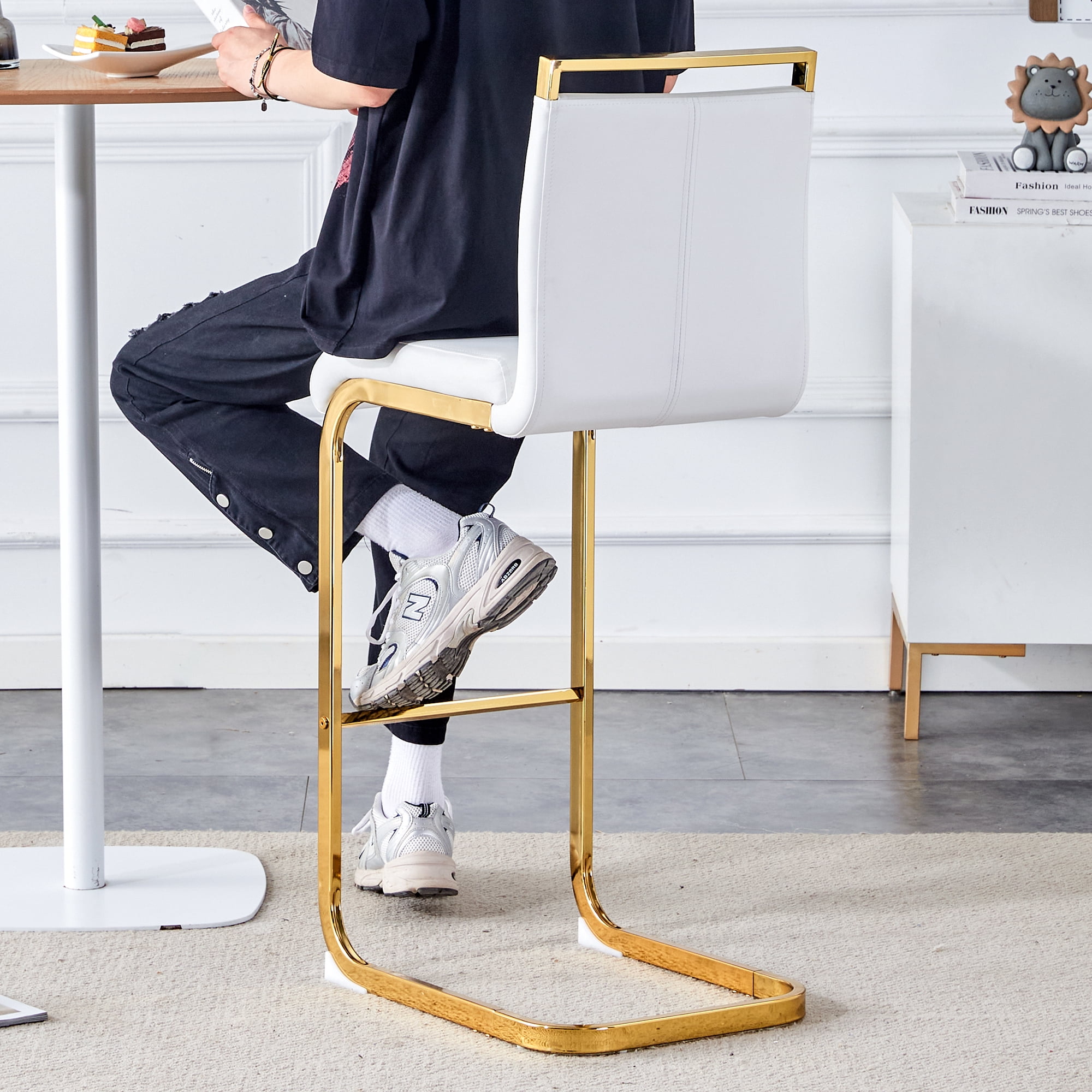 Lecut 30" Counter Height Bar Stools Set of 4, Modern Upholstered PU Leather Bar Stools with Back and Gold Chrome Plated Metal Frame, Armless Bar Chairs for Kitchen Island (White+Gold)