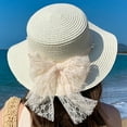 thumbnail image 3 of SikaFu Summer New Straw Hat Female Fashion Temperament High -Level Sense Pearl Ribbon Sun Hat Flat Top Lace Sun Hat Spot, 3 of 8