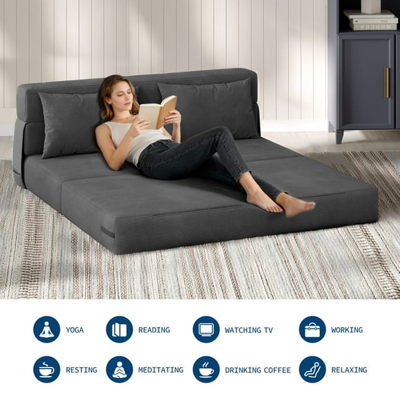 GloryStar Floor Sofa Bed, Folding Convertible Futon Chair with Pillow and Memory Foam Mattress for Small Spaces & Bedrooms