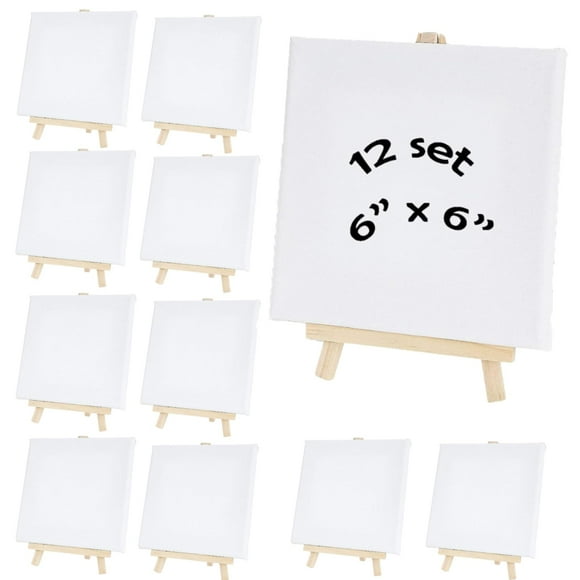 Mini Canvas Panels 6 x 6 inch Canvas Set with Tiny Pine Wood Display Holder Easels, Cotton Pre-Stretched Small Canvas Boards Blank Canvases for Paintings Craft Small Acrylics Oil Art Projects-12 Set