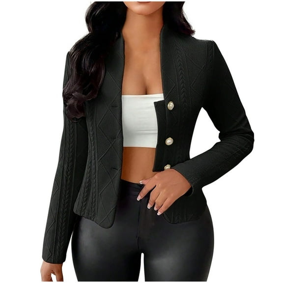 XPMWRP Women's Blazer Long Sleeve Button Down Solid Color Blazers Stand Collar Textured Business Casual Blazers Suit Jackets Black L