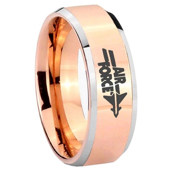 Air Force Beveled Edge Rose Gold Tungsten Engraved Ring 10MM