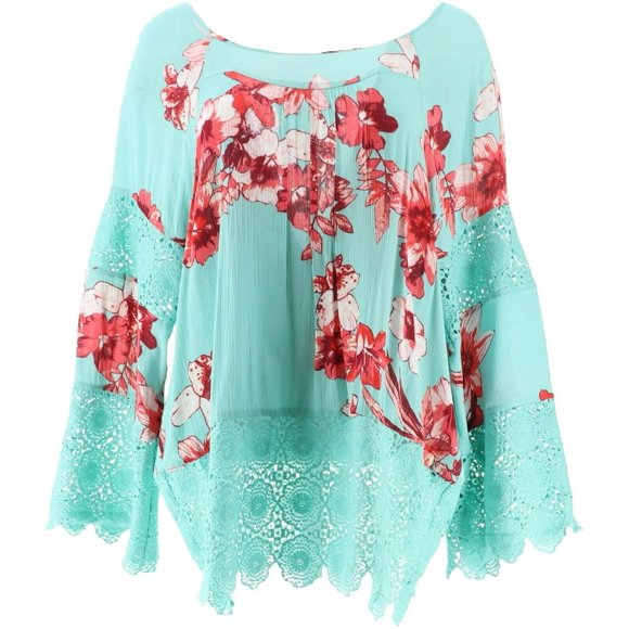 Curations Blouse en Gaze Imprimée à Bordure de Dentelle pour Femmes 653-740
