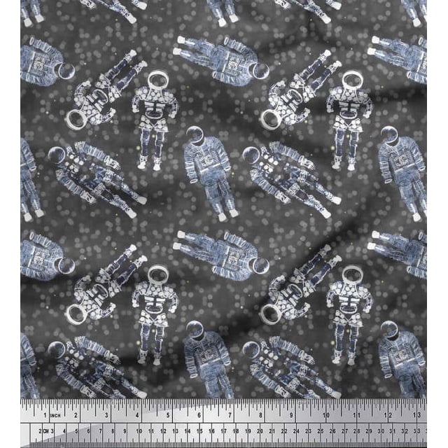 Soimoi Poly Georgette Fabric Dot & Astronaut Galaxy Printed Craft Fabric by The Yard 42 Inch Wide