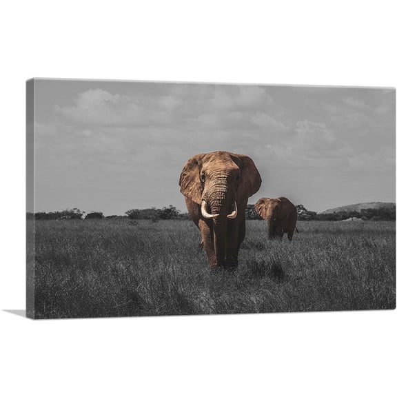 ARTCANVAS Elephant In African Savannah Canvas Art Print - Size: 26" x 18" (0.75" Deep)