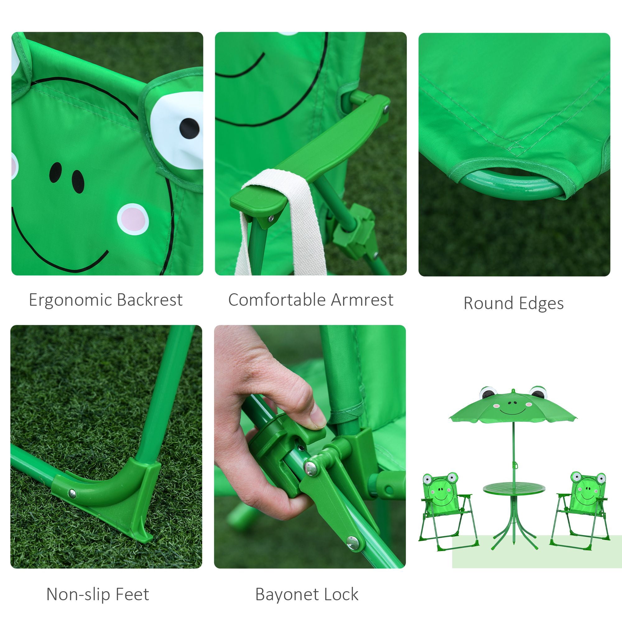 Folding Kids Table and Chair Set, Picnic Table with Frog Pattern Removable & Height Adjustable Sun Umbrella for Garden, Backyard, Green