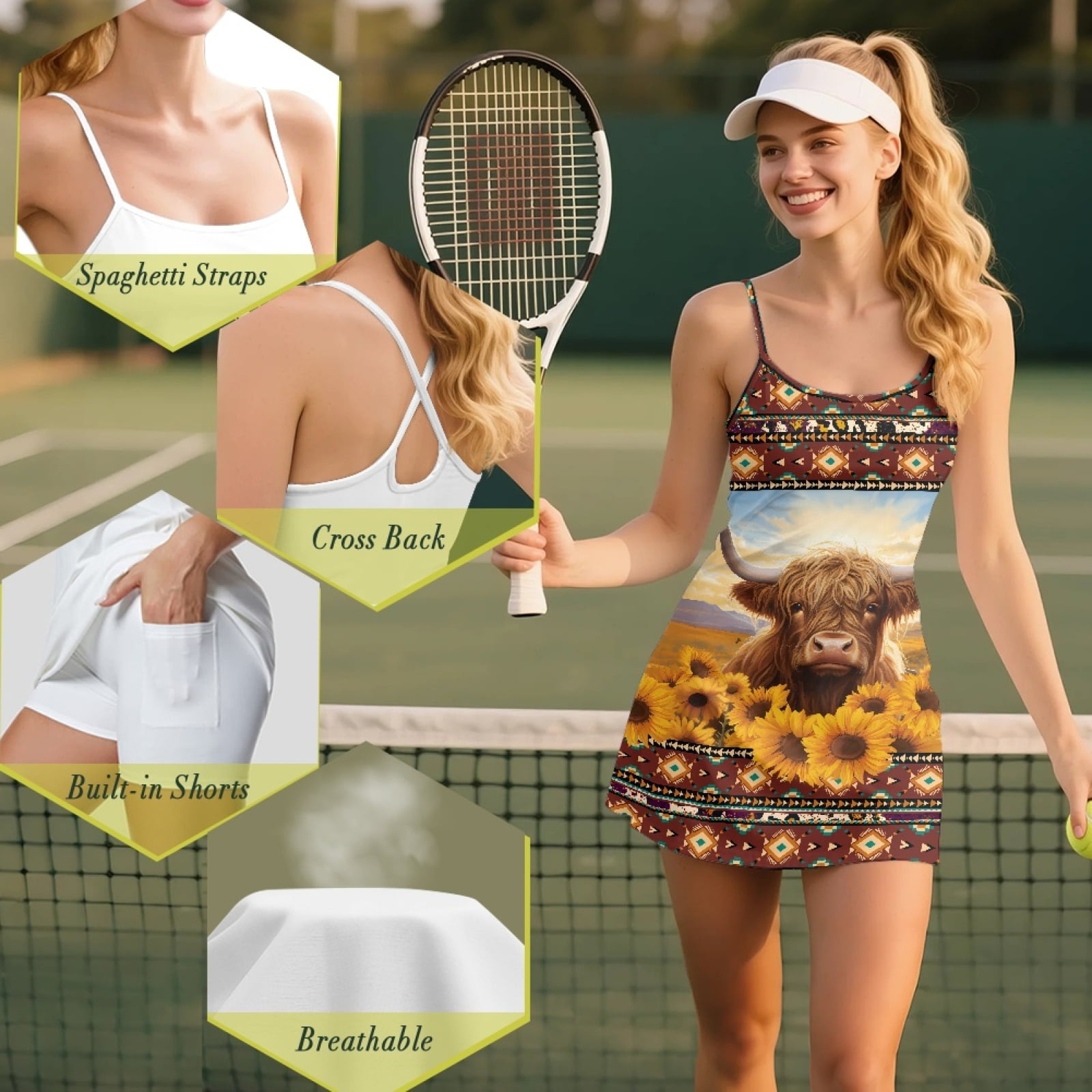 Yuyamidu Highland Cow Women's Summer Tennis Dress Size L Southwest Aztec Spaghetti Strap Backless Workout Golf Dresses Mini Dress with Shorts and Pockets